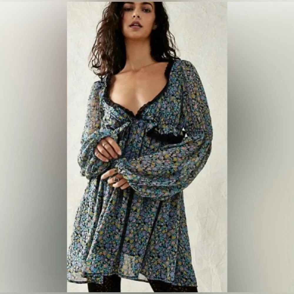 Free People Women’s Pennie Sheer Floral Long Sleeve Boho Mini Dress Size M